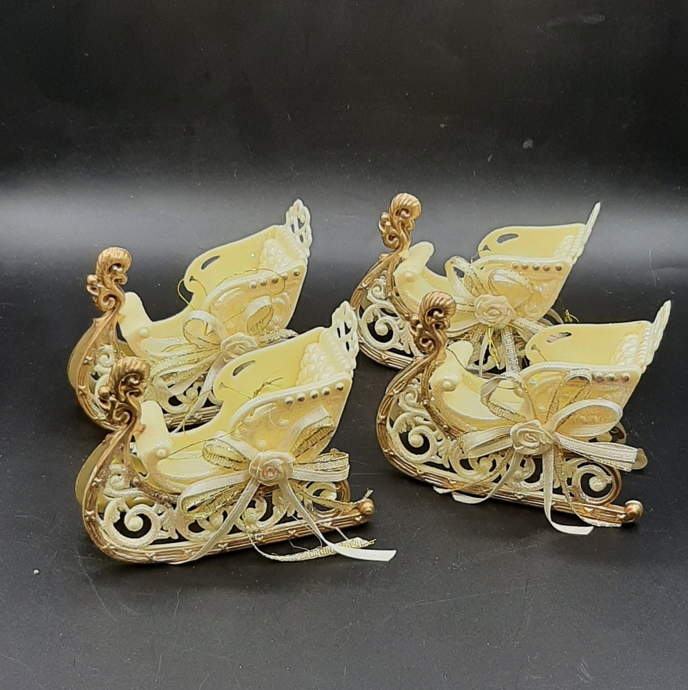 Vintage Plastic Cream & Gold Glittery Christmas Sled Sleigh Ornaments Lot of 4